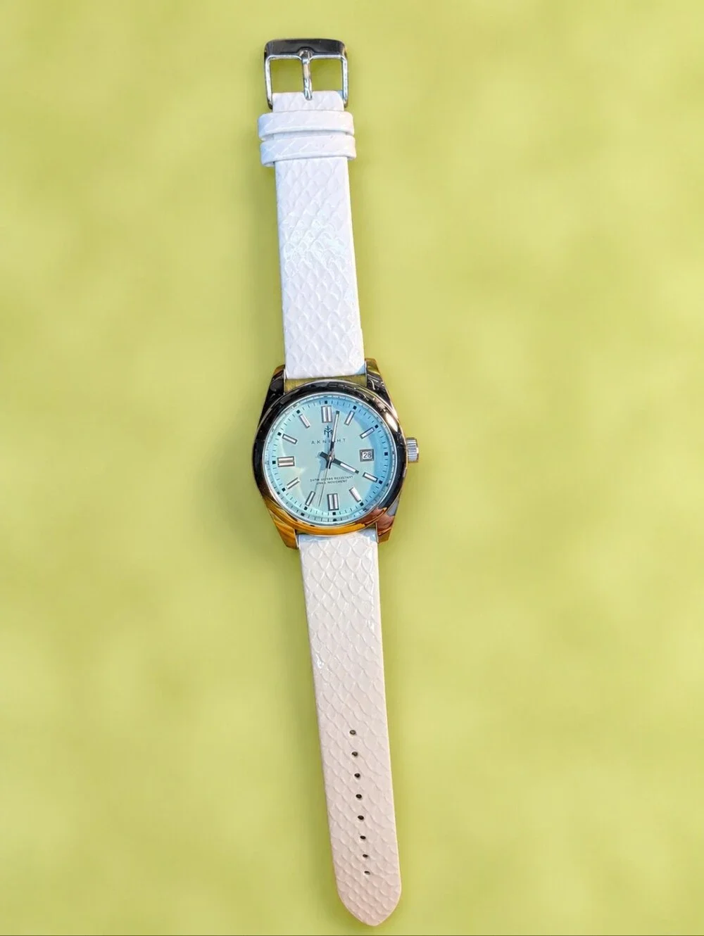 Aknight 40mm Watch - Powder Blue Dial - w/ New White Leather Strap - Unisex